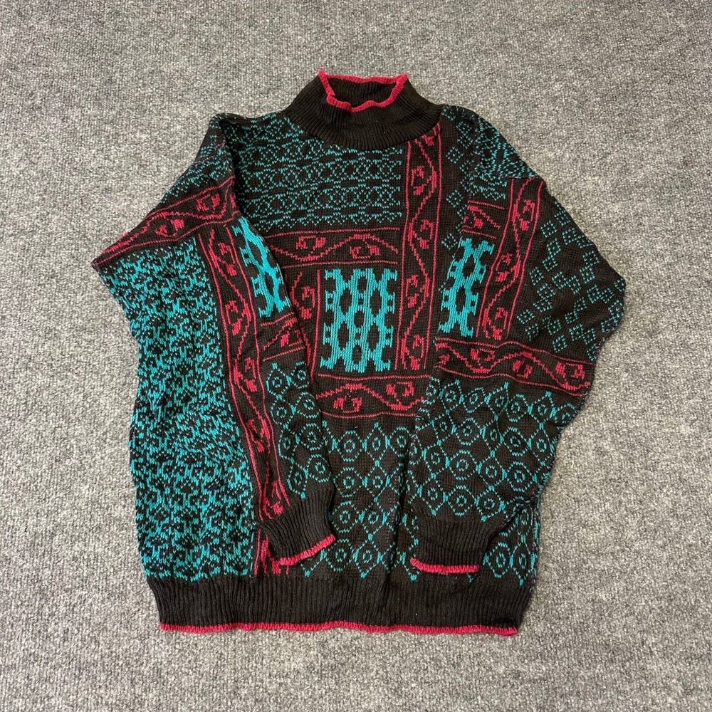 Isle of Cotton Sweater Womens Size S Black Pink Teal Geometric Mock Neck USA